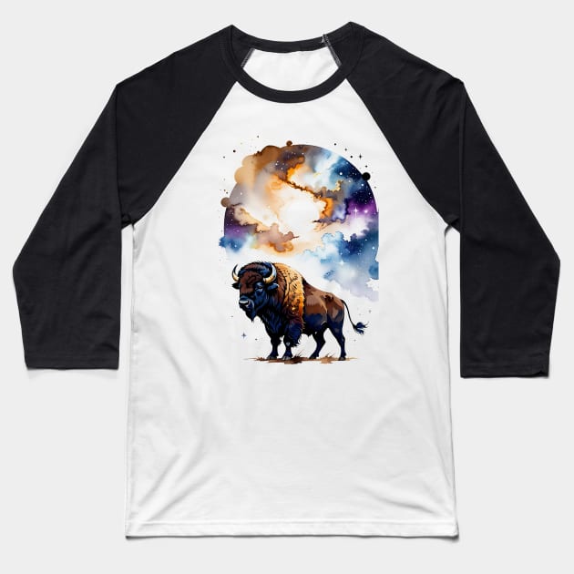 Bison in Cosmic Plains Baseball T-Shirt by ArtisanEcho